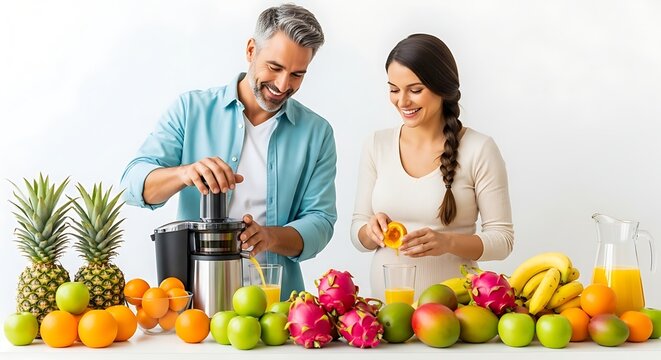 Couple Preparing Fresh Fruit Juice with smiling face. 
