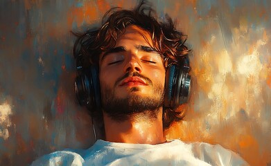 Serene Man Enjoying Music with Headphones, Relaxation