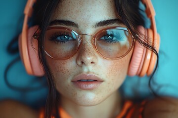 Close-up of Girl with Headphones and Glasses in Dreamy Style