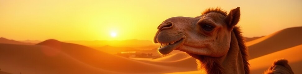 Naklejka premium Golden sunset illuminates a smiling camel's head during a desert ride , beautiful, camel, travel