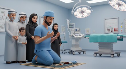 Muslim surgeon prays with family in a sterile operating room, showcasing faith and profession.