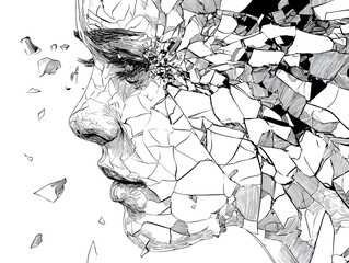 An artistic representation of a fragmented mind, capturing the intricate details of a shattered face, portraying the complexity of emotional turmoil.