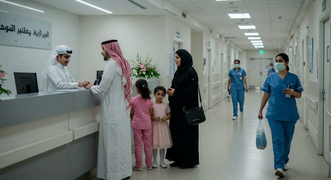 Family at hospital reception, awaiting care, with a nurse passing by in the hallway.
