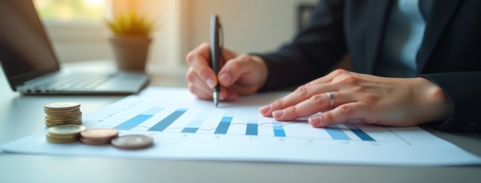 Data Review: Hands Examining Financial Charts and Statistics. Suitable for use in content related to economic trends, sales performance, investment planning