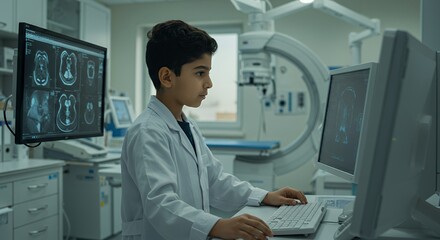 Young aspiring doctor intently studies medical scans on computer screens in a modern hospital setting, showcasing dedication and future potential.