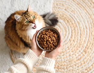 top view of human hand with a stylish bowl of tuna cat food, cozy carpeted floor, big round cute cat with open mouth begging for food