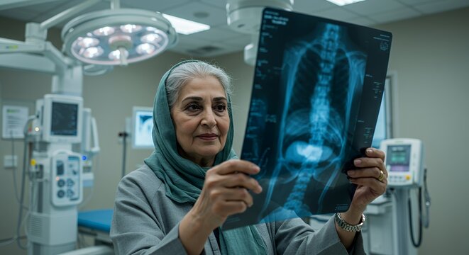 Senior female doctor examines medical x-ray in a modern hospital setting, thoughtfully reviewing patient's spine and abdomen.