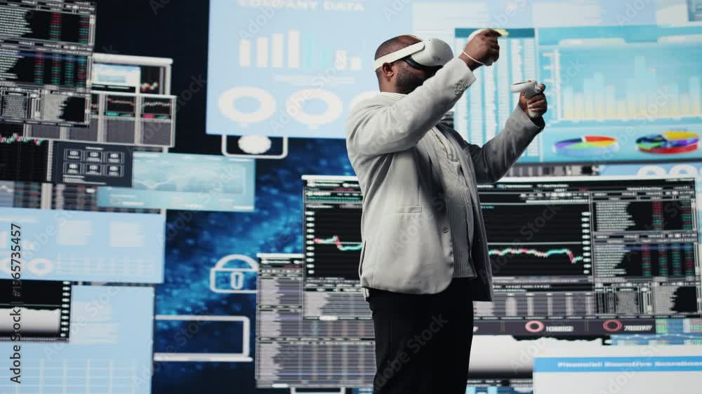 Poster business leader working with virtual reality headset to obtain funds, reviewing performance reports 