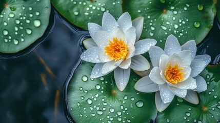 Droplets cling to a serene white lotus flower as it floats on lily pads in the water