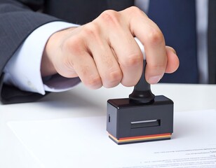 Hand of a professional in a suit using a rubber stamp with German flag colors on a white document for official approval.