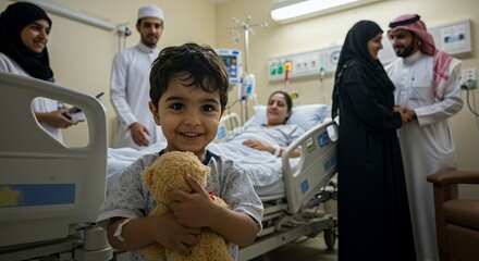 Young boy hugs teddy bear in hospital room, his family nearby offering support and comfort.