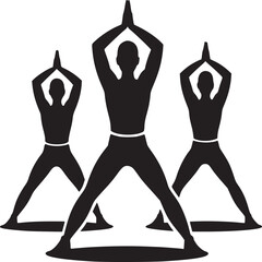 Three figures in yoga pose with hands raised above head in black silhouette against white background