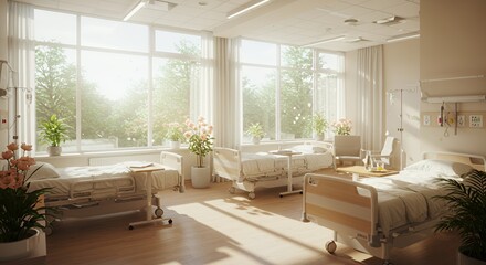 Sunlit hospital room with two beds, large , and potted plants offers a peaceful and serene atmosphere for patients.
