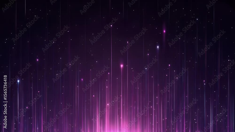 Poster dynamic visual of vertical light rays in vibrant purple hues with sparkling particles against a dark