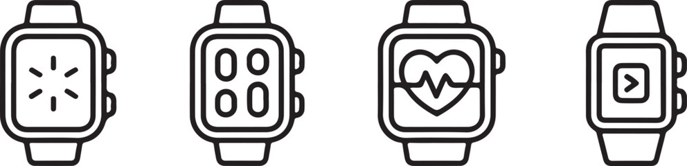 Fototapeta premium Four Black and White Smartwatch Icons with Different Display Symbols wearable technology