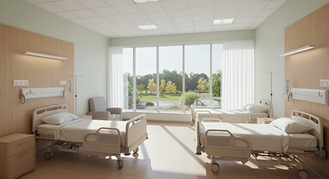 Sunlit hospital room with two empty beds near a large window overlooking a tranquil park. Perfect for healthcare, wellness, or recovery concepts.