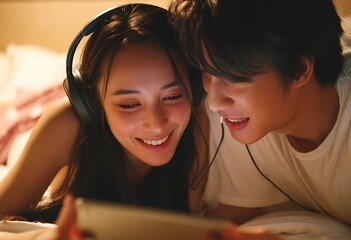 Cozy Couple Sharing Headphones and Watching Content Together