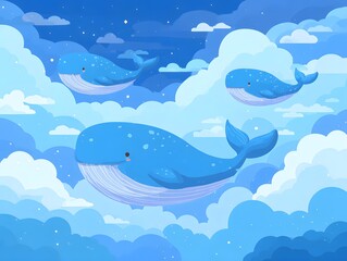 Naklejka premium Whales in the Sky: A whimsical scene where gentle whales gracefully swim amidst fluffy clouds in the vast expanse of the sky, exuding a sense of dreamlike wonder.