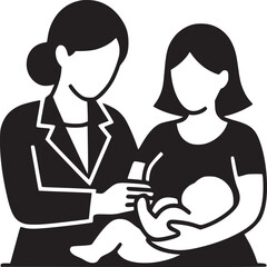 Illustration of a woman in a suit assisting a mother breastfeeding her baby in black and white style