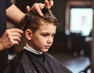 A young boy getting his hair professionally cut by a barber, showcasing the precision and care in a modern barbershop.