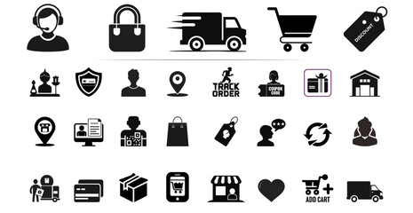 30 E-commerce Vector Icons — Online Shopping, Payment, Delivery Pack — Silhouette on white background”