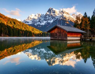 Stunning autumn mountain lake view with rustic boathouse and perfect reflections of snow-capped peaks and vibrant fall foliage under a clear blue sky, evoking tranquility.