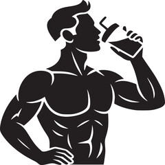 Silhouette of muscular man drinking from shaker bottle after workout on a white background image