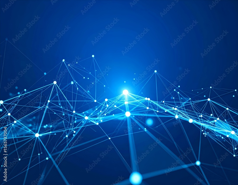 Poster abstract digital network illustration with glowing blue nodes and connecting lines on a dark backgro