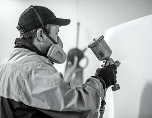 Worker in protective mask and cap applying coating with a spray gun. Monochrome shot emphasizing professional work and safety in industrial settings.