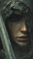 Dramatic Close-Up of Hooded Figure with Intense Gaze and Shadowy Atmosphere