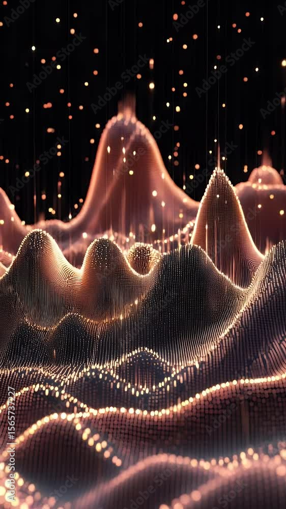 Poster abstract landscape with pixelated textures and radiant lighting effects suggestive of data visualiza