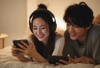 Couple Relaxing and Playing Mobile Games Together at Home 