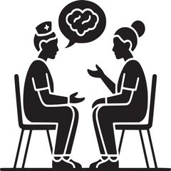 A doctor and patient sitting and discussing mental health with a brain in a speech bubble above them