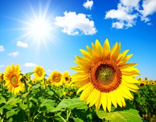 Obraz premium Vibrant sunflower field under a radiant sun and blue sky. Golden blossoms and green leaves bathed in bright sunlight, symbolizing summer, nature, growth, and natural beauty.