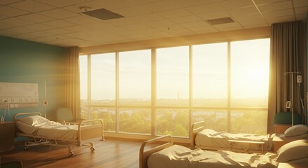 Sunlit hospital room with two empty beds offers a tranquil view of the cityscape outside.