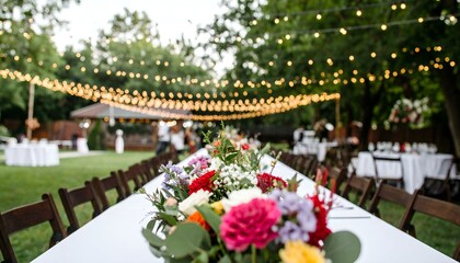 Elegant outdoor event setup with a long table, vibrant flower centerpiece, and rustic chairs, illuminated by warm string lights creating a festive and romantic atmosphere perfect for celebrations.