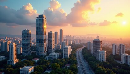 Naklejka premium High-rise buildings, sunlit cityscape, serene atmosphere, cityscape, light, metropolis