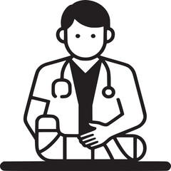 Doctor with broken legs sitting at a table wearing a lab coat and stethoscope in black and white style