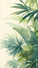 A tropical plant wallpaper featuring lush green foliage in a delicate watercolor style, paired with a soft pastel background and high resolution.