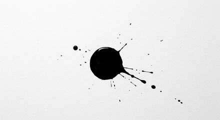 Abstract black ink blot on white paper background for artistic design, paint splatter art