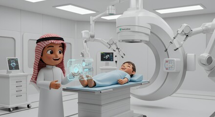 Friendly doctor uses futuristic technology to comfort a smiling child patient in a modern hospital room.