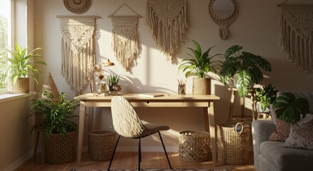 Cozy home office design with plants and wall hangings