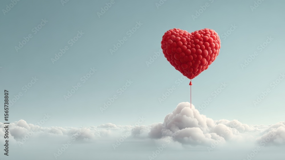 Aufkleber red heart balloon floating in front of soft clouds, whimsical and uplifting concept with copy space