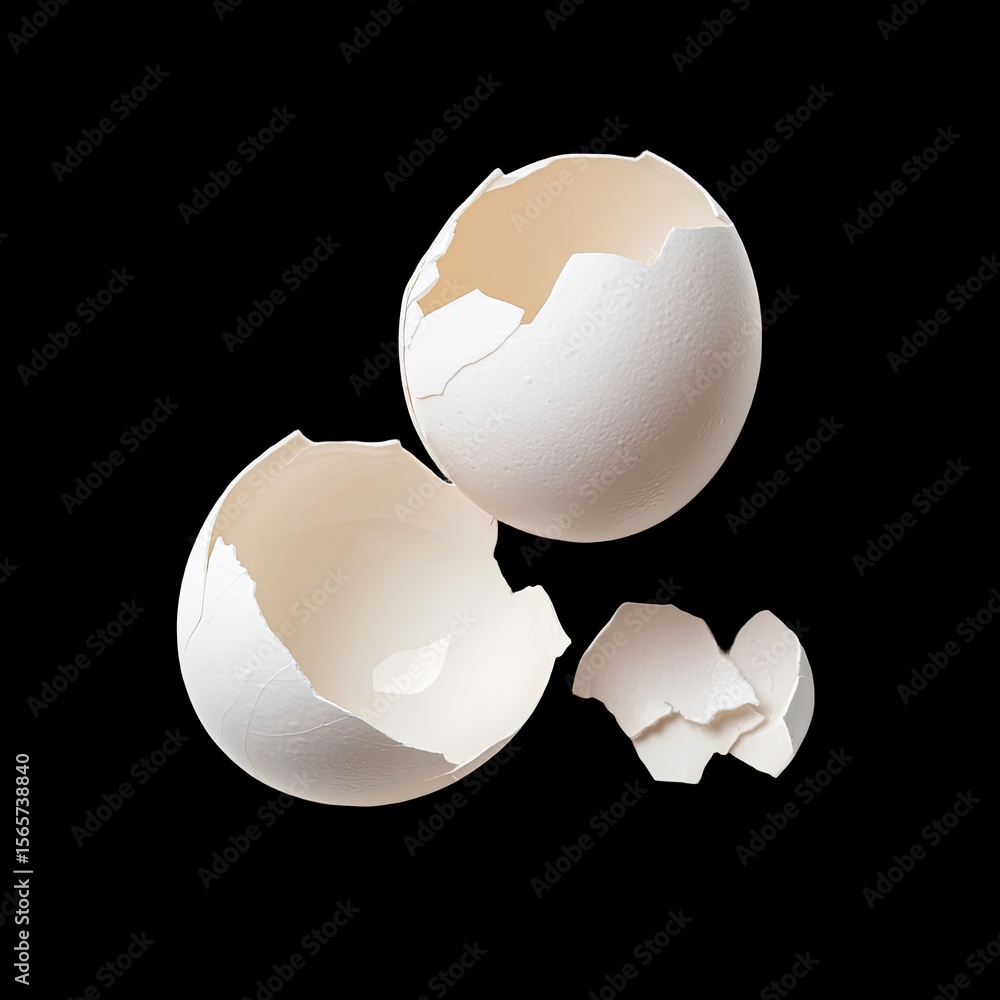 Poster broken eggshells on a black background with soft light shadows