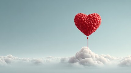 Fototapeta premium Red heart balloon floating in front of soft clouds, whimsical and uplifting concept with copy space