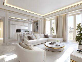 Elegant Living Space: A luxurious, sun-drenched living room with a minimalist design, exuding sophistication and comfort, the image is filled with natural light and soft textures.