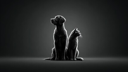 Silhouettes of a dog and cat standing back to back, representing loyalty and companionship