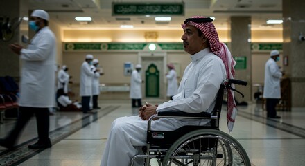 A man in a wheelchair sits thoughtfully in a spacious hallway, surrounded by people in white robes.