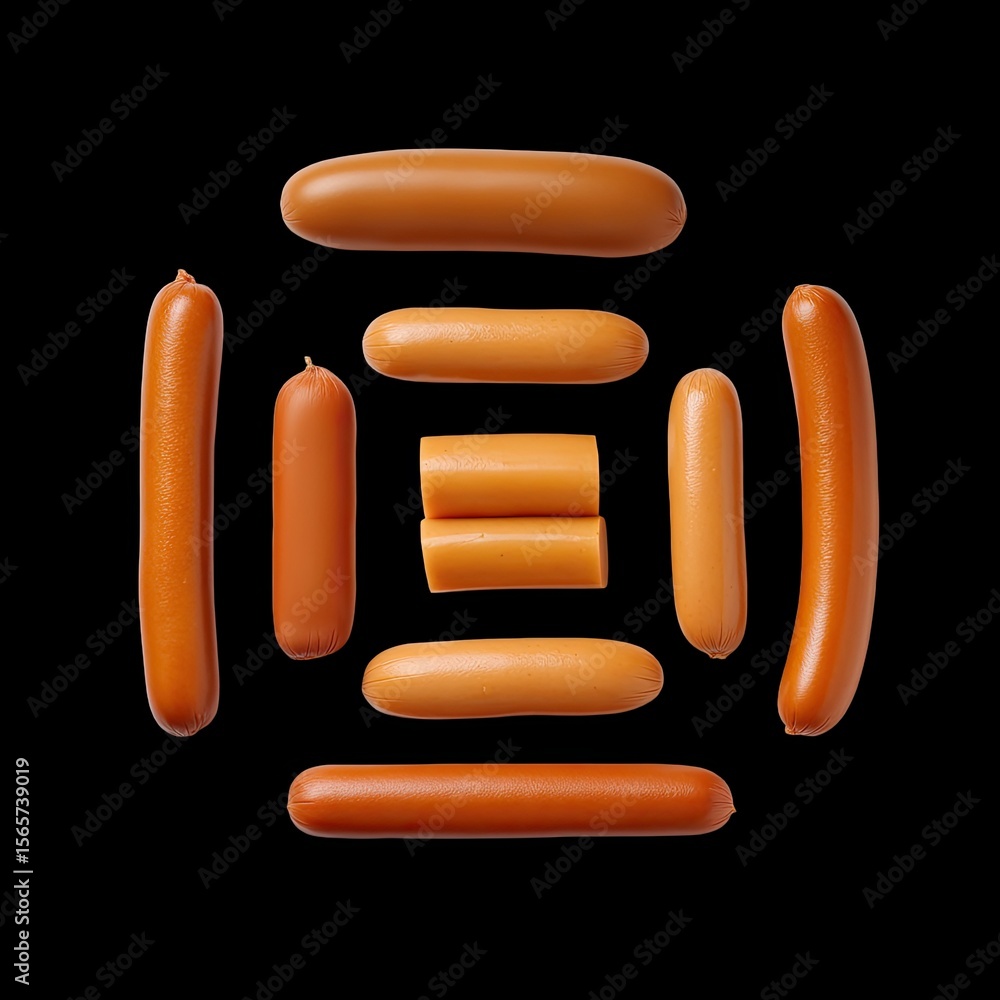 Poster assorted sausages on black background for culinary use and display