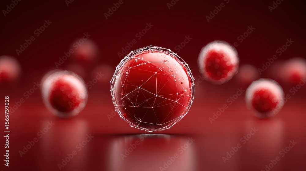 Poster red technology background with futuristic glowing spheres and network connection lines floating